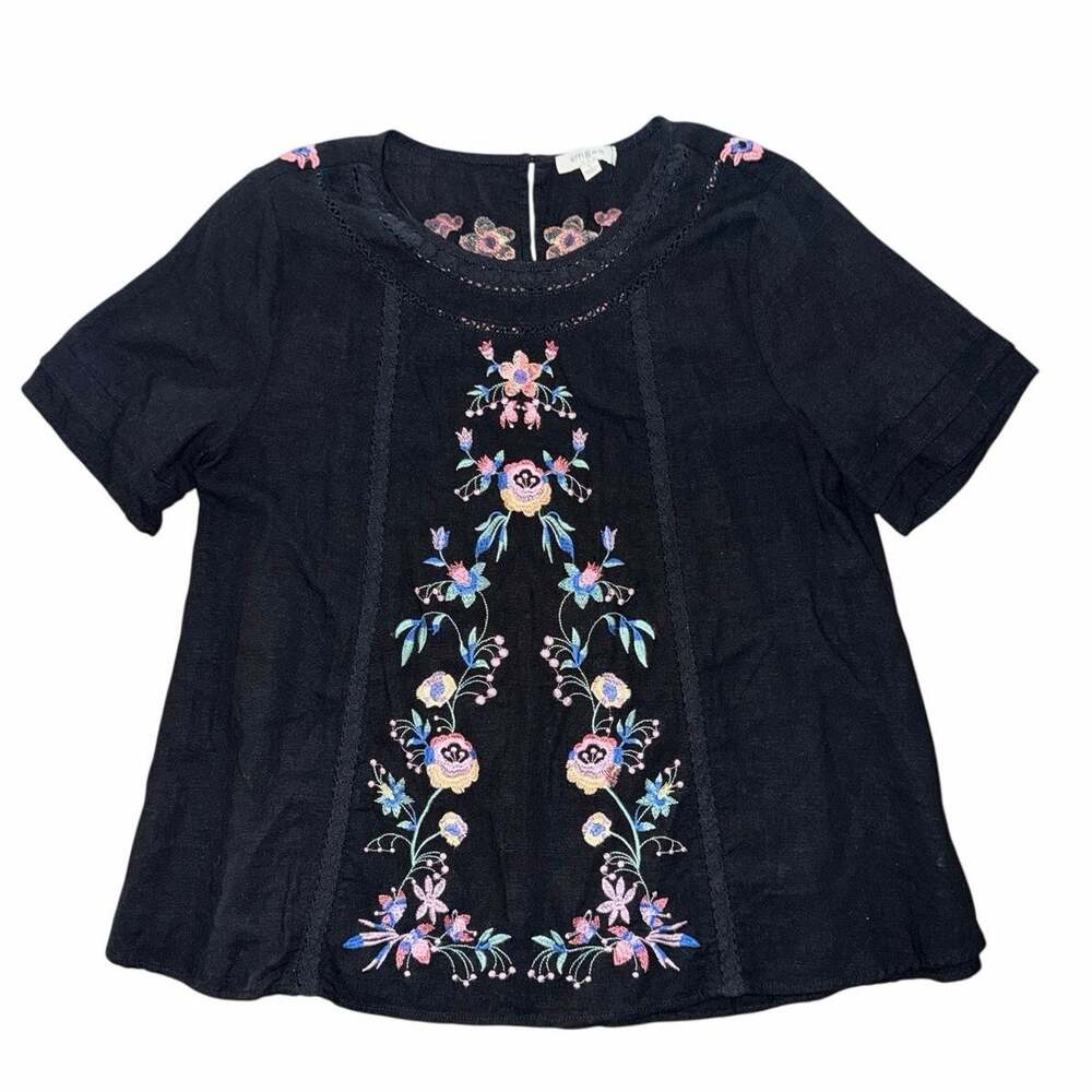 Umgee black blouse top with floral embroidery large boho dark cottagecore